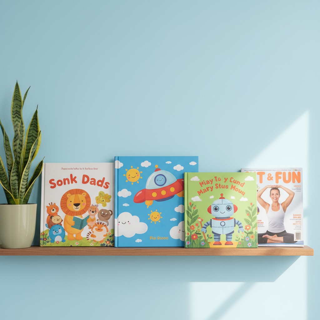 Books on a shelf with a potted plant.