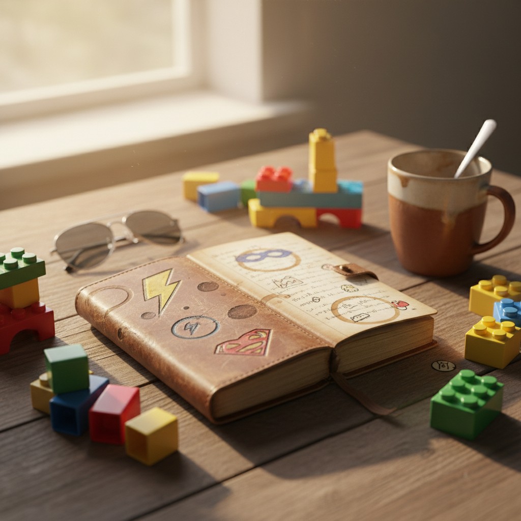 A book marked with various symbols sits on a wooden table, surrounded by colorful blocks of a children's building set in a...