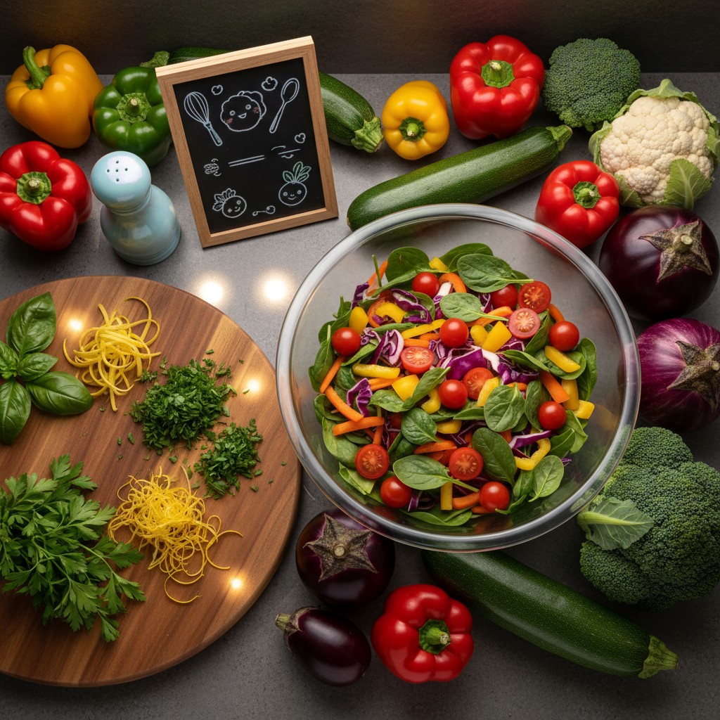 A bowl of fresh salad, surrounded by vegetables and ingredients on a grey table, with a mini chalkboard in the center bear...