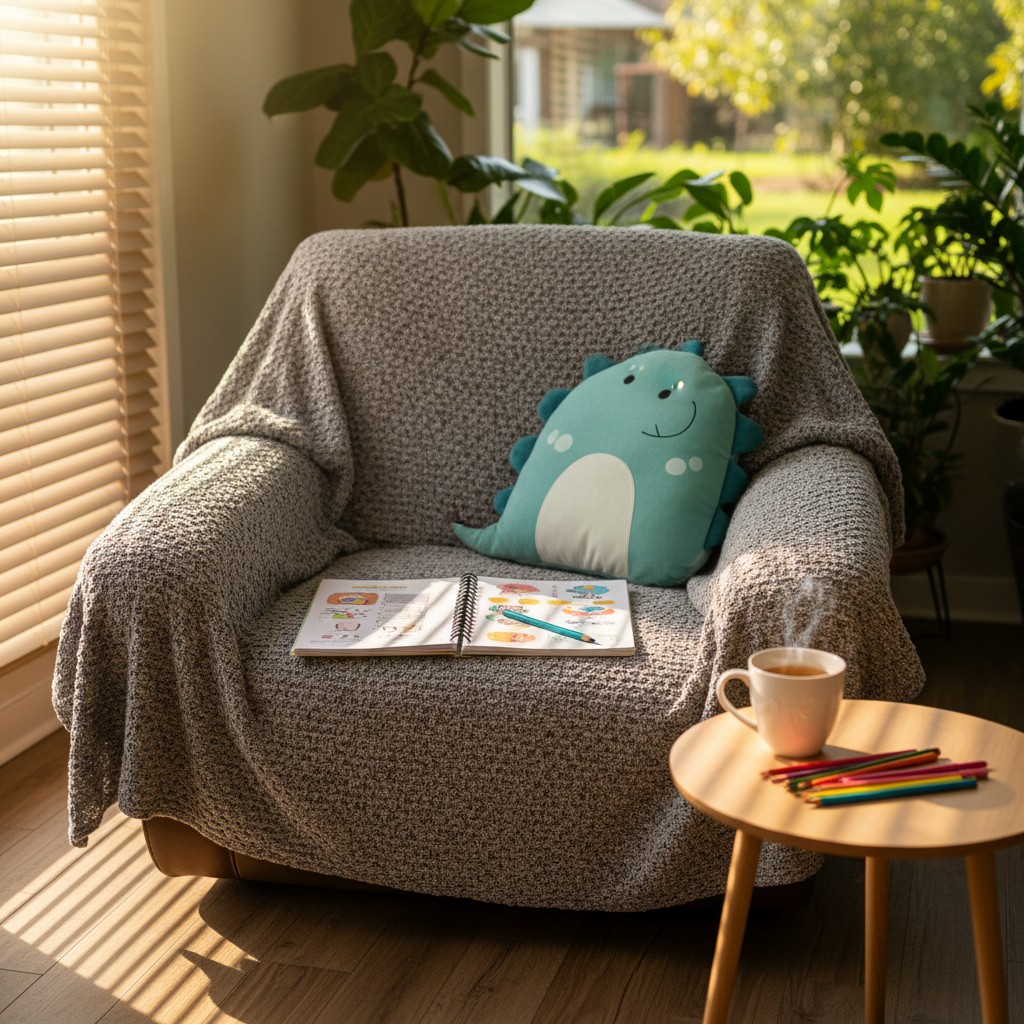 A cozy room with a plush chair, a throw blanket, a colorful dinosaur pillow, an illustrated spiral book, and a small coffe...