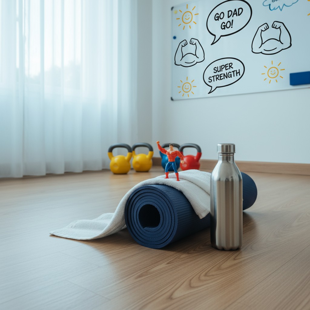Illustration of a gym with kettlebells, a weight towel, a metal water bottle, and a cartoon superhero deliberating fatherl...