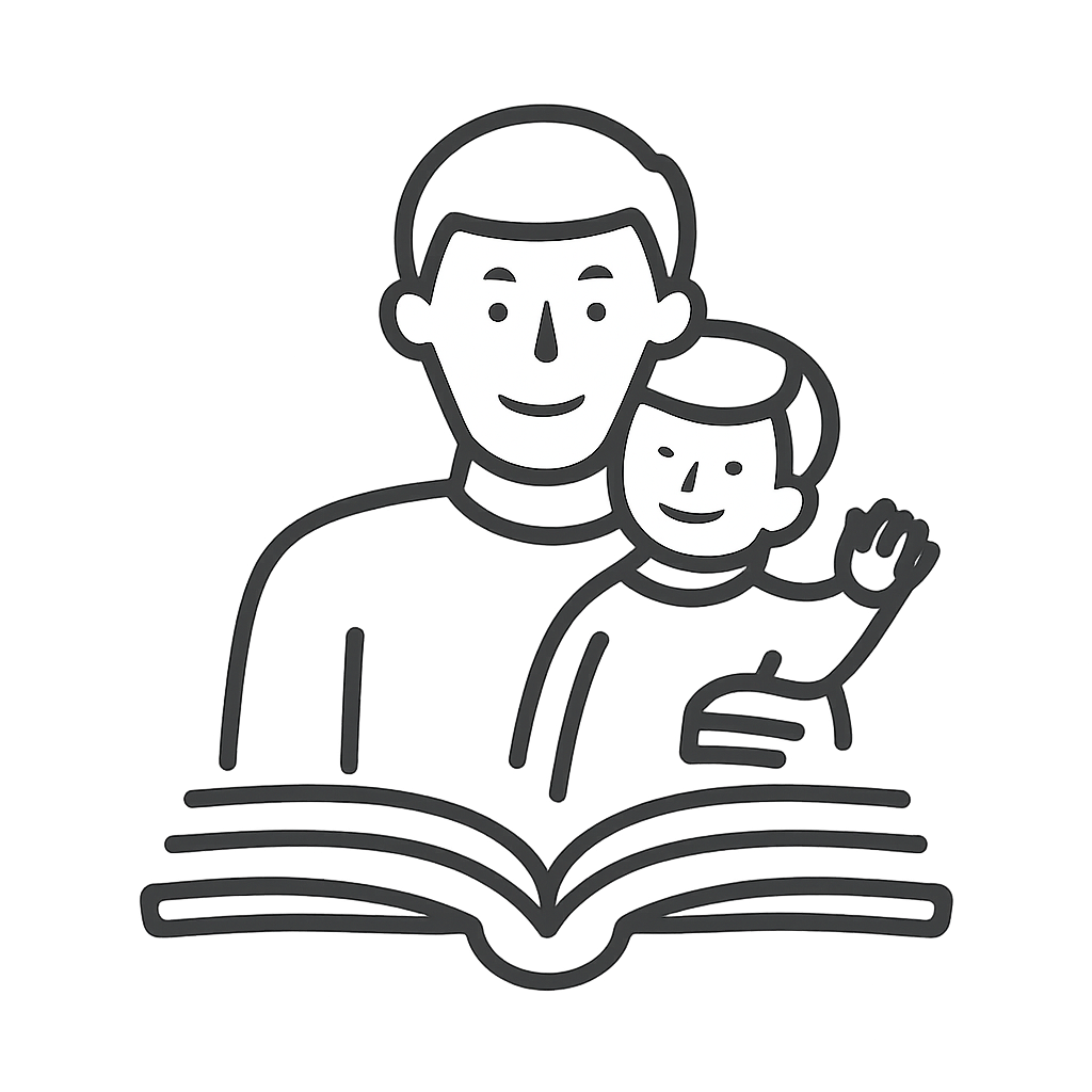 A man is smiling, with a child on his shoulders, the pair standing over an open book.